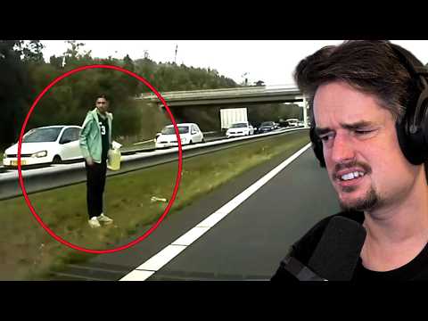 Verdwaalde man naast de snelweg op Dashcam