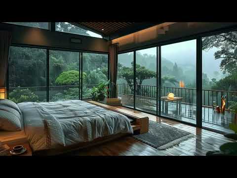Glasshouse bed Room with Forest view & Large Windows - Rain Sounds for Focus and Relaxation Sleep⛈️
