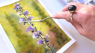 Watercolor painting tutorial voluminous wildflowers on blurry background