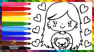 Desenhar e Colorir uma Menina com Seu Ursinho de Pelúcia 👧🧸❤️🧡💛💚💙💜🌈 Desenhos para Crianças