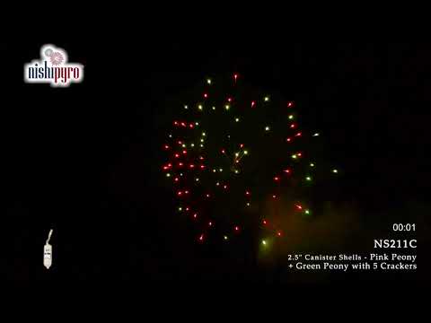 NS211C - 2.5" Pink Peony + Green Peony with 5 Crackers (Canister/Cylinder)