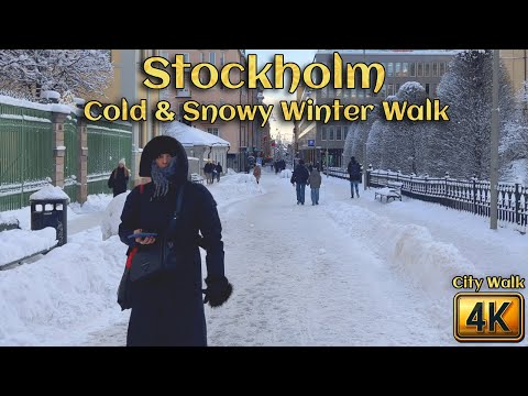 Stockholm, Sweden: Cold and Snowy Winter Walk | 4K