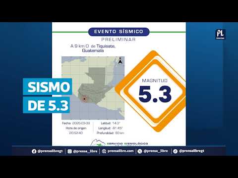 Sismo de 5.3 grados se registra en Tiquisate, Escuintla la noche de este domingo 8 de marzo