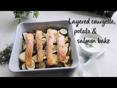 Slimming World Syn-free layered courgette, potato and salmon bake recipe - FREE