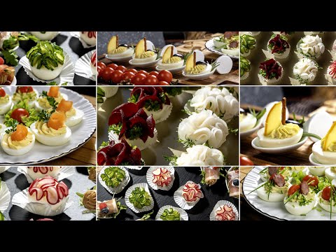 Delicious and Simple Deviled Egg Recipes. Blooming Eggs and Cheese sailboats on stuffed egg