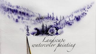 how to draw a foggy landscape . violet lovely trees . watercolor painting