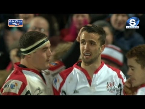 David McIlwaine Try disallowed for forward pass - Ulster v Newport Gwent Dragons 28th February 2014