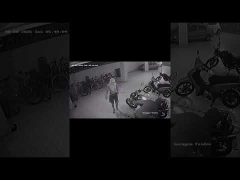 Câmeras flagram dupla levando moto de garagem de condomínio em São Vicente.