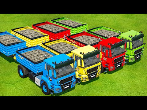 TRUCKS OF COLORS ! LOAD AND TRANSPORT STONES WITH MAN TRUCKS - Farming Simulator 22