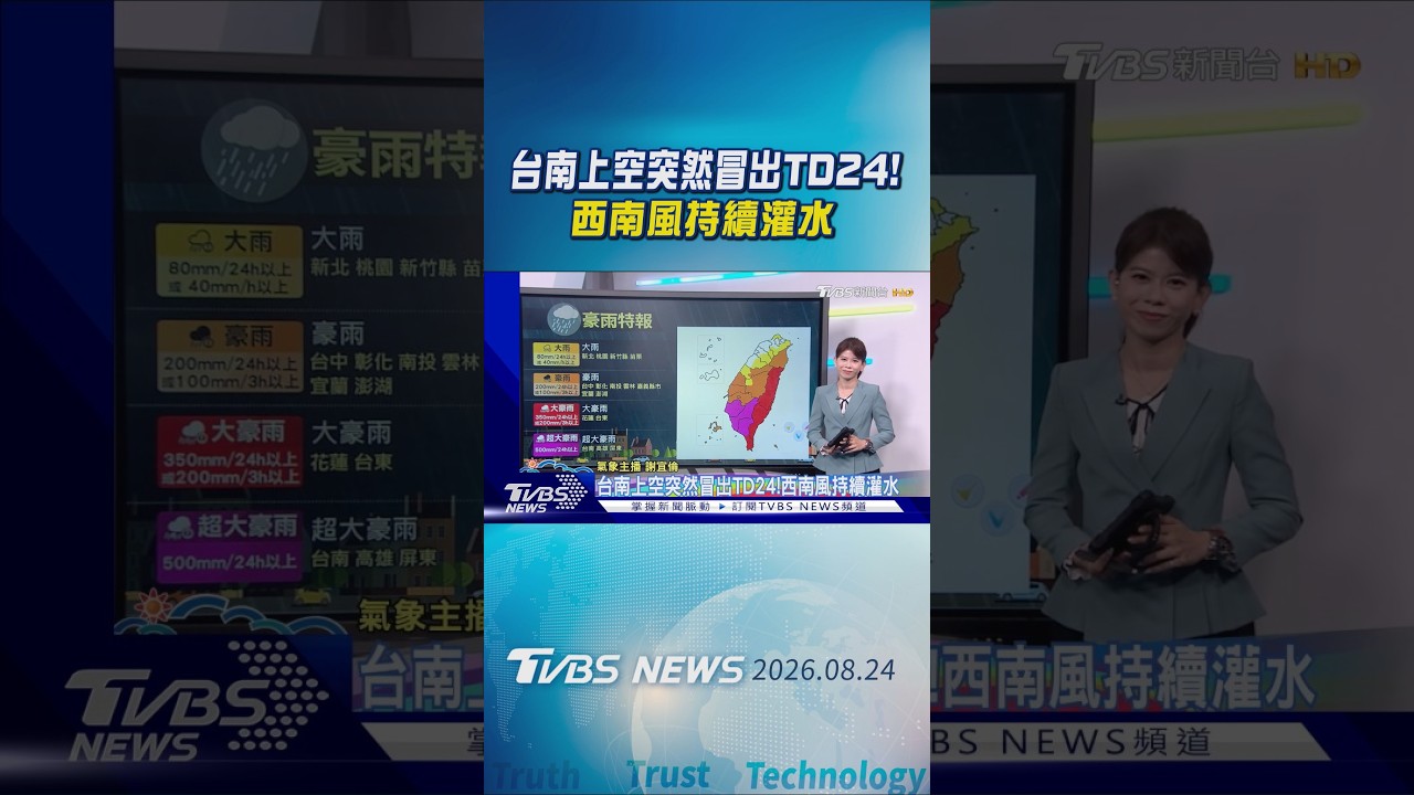 天氣/ 台南上空突然冒出TD24!西南風持續灌水｜氣象主播 謝宜倫｜早安氣象｜TVBS新聞 20260824 @TVBSNEWS01