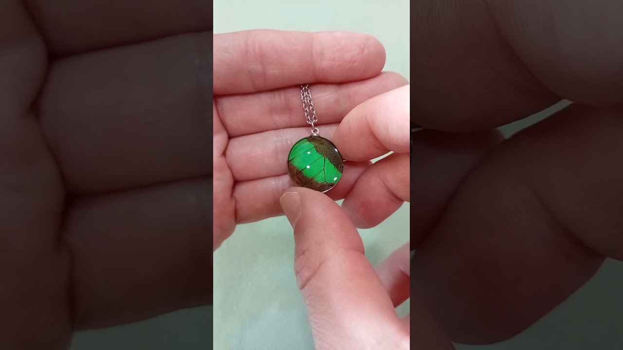 collana 20mm con vera ala di farfalla Papilio palinurus verde smeraldo sotto lente in vetro gioielli fatti a mano