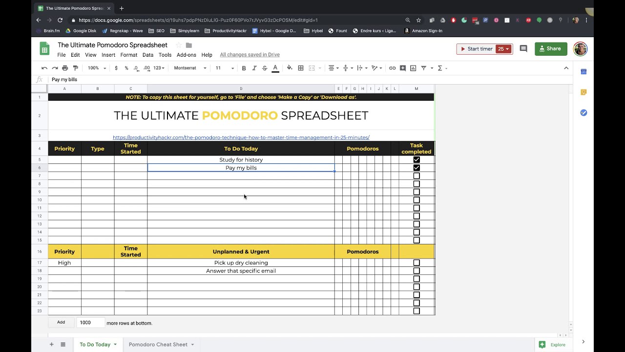 How to use the ultimate pomodoro spreadsheet