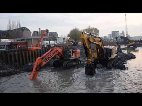 Lock demolition with Hitachi ZX 670-3 and CAT 374F excavator -Verhelst Aannemingen