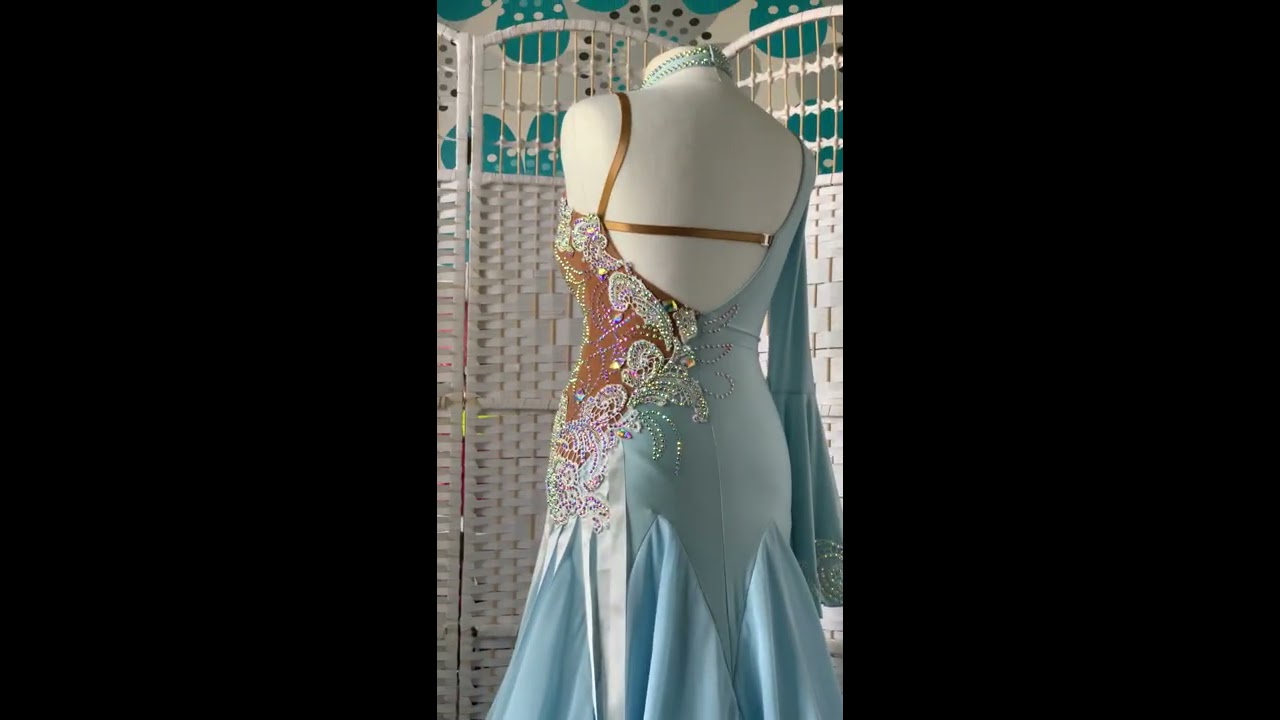 Baby Blue Tan & White Frill Sleeve Ballroom Competition Dance Dress