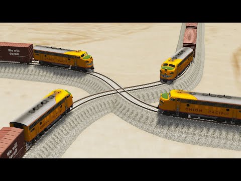 Impossible Weird Overlaping Rail Tracks Vs Trains Crossing - BeamNG.Drive