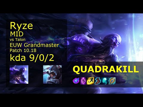 Ryze vs Talon Mid - EUW Grandmaster 9/0/2 Patch 10.18 Gameplay