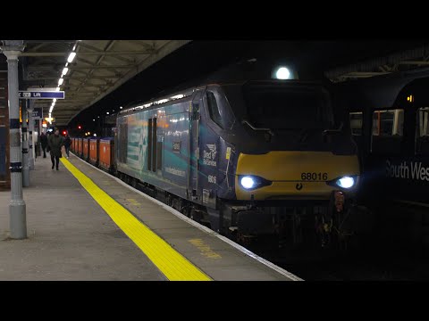 DRS class 68s 016&018 depart Basingstoke on 6Z95 from winfrith 18/01/23