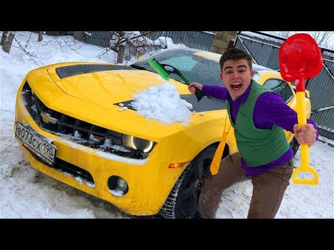 Janitor Red Man found Snow Shovel VS Mr. Joe on Chevrolet Camaro in Winter Race for Kids Video