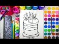 Coloring Page of a Birthday Cake with Watercolor for Kids to Learn Color and Paint  💜 (4K)