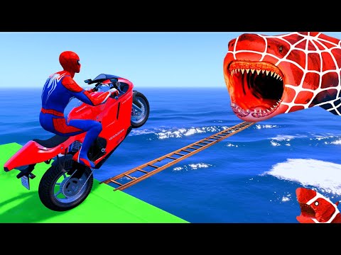 الأبطال الخارقين على القضبان دوامة قمع جسر 🏍SPIDER MAN!on Motorcycle in Spiral Bridge Stunt Ride