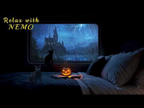 Relaxing Night Halloween Train Ride During Thunderstorm 🚂 Dimly Lit Sleeper Train Ambience for Sleep
