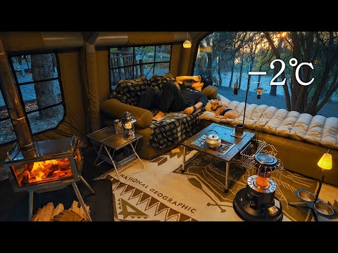 -2℃ Camping in Forest with My Dog . Inflatable Hot Tent . Wood Stove ASMR