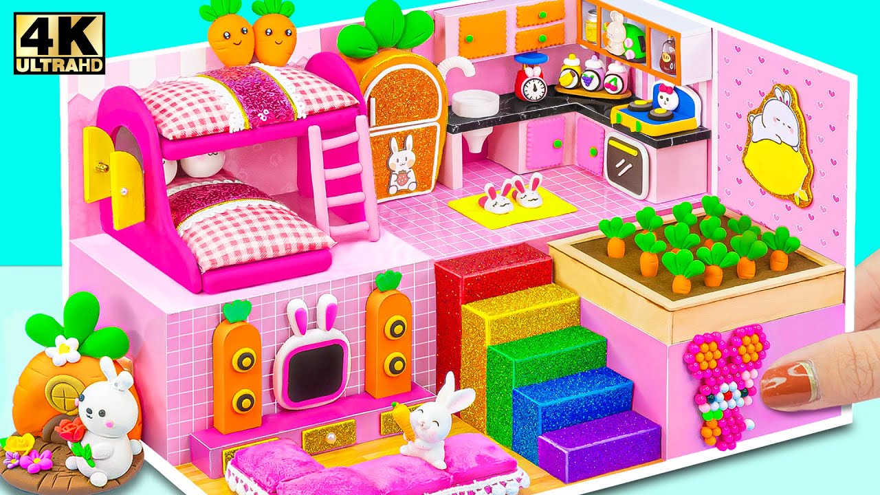 60 Minutes Satisfying DIY Pink Bunny House with Bunk Bed, Kitchen Set use Clay | DIY Miniature House
