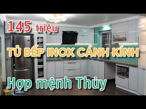 Ảnh đại diện công trình tủ bếp inox cánh kính màu trắng hồng nhà anh Việt Mê Linh