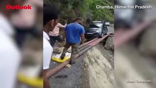 Perilous Journey: Car Crosses Makeshift Bridge Made Of Iron Poles As Rains Damage Roads In Himachal