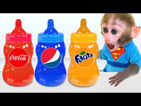 Monkey Baby Bon Bon makes Cutest Jelly milk bottle and goes swimming with duckling