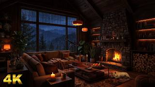 Rain & Crackling Fireplace | Cozy Cabin Ambience | Heavy Hearth Fire & Sleeping Pets | 10 HOURS 🔥🌧️