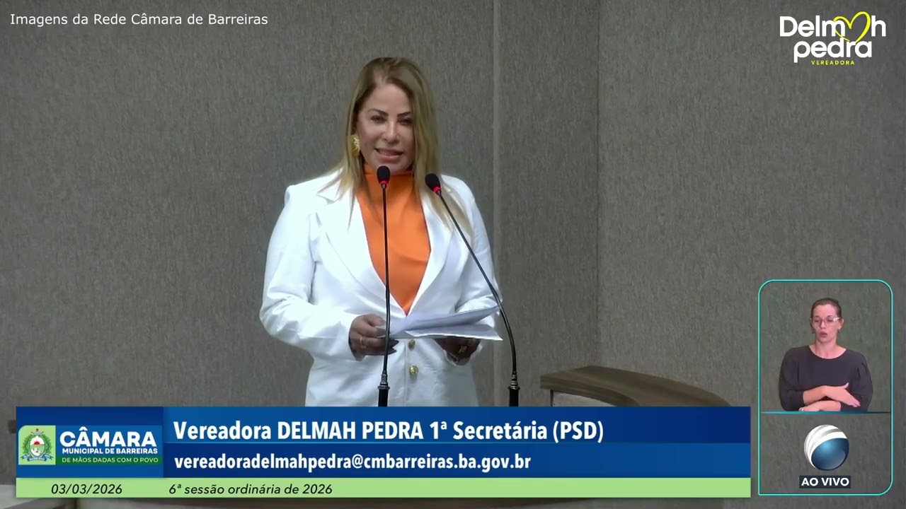 Delmah Pedra discursa durante a 06ª Sessão Ordinária da Câmara de Barreiras – 03/03/2026
