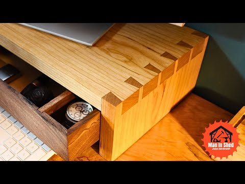 Cherry Monitor Stand with Hand-Cut Dovetails & Walnut Drawer | Elegant Desk Organizer Build
