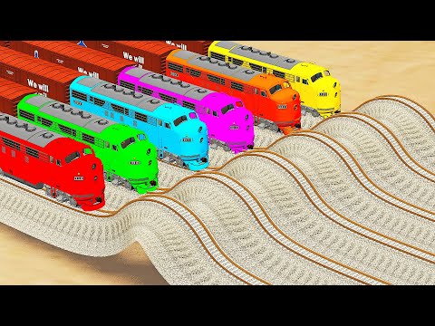 Six Trains vs Impossible Speedbump Parallel Rail Tracks Crossing - BeamNG.Drive