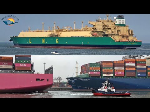 GIANT LNG Tanker and Containerships leaves the PORT OF ROTTERDAM - Shipspotting May 2021