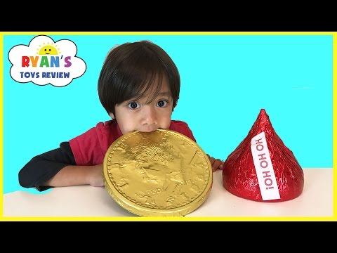 GIANT CHOCOLATE CANDY taste test! Hershey's Kiss, Gold Coins, Peanut Butter Cups Candy Review Video