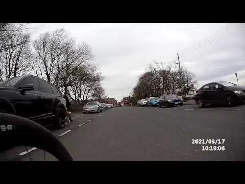 Close call, cyclist nearly collides with loose dog.