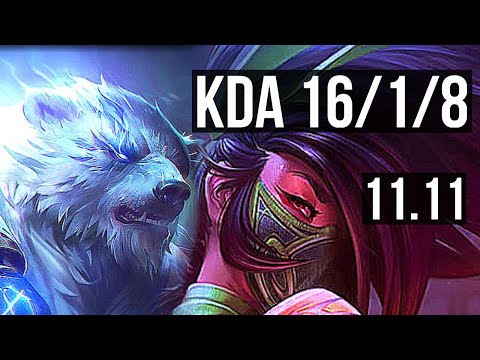 VOLIBEAR vs AKALI (TOP) | 16/1/8, Legendary, 900+ games | KR Diamond | v11.11