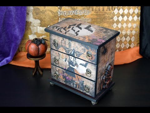 Мини комод шкатулка для украшений Алиса в Стране Чудес в Хеллоуинском стиле ручной работы оранжево черный 22см - фото 1 - id-p2302139334