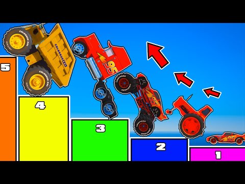 Crazy Cars Climb to Highest Level Obstacle Monster Truck McQueen Mack Tractor Chewall COLOSSUS XXL