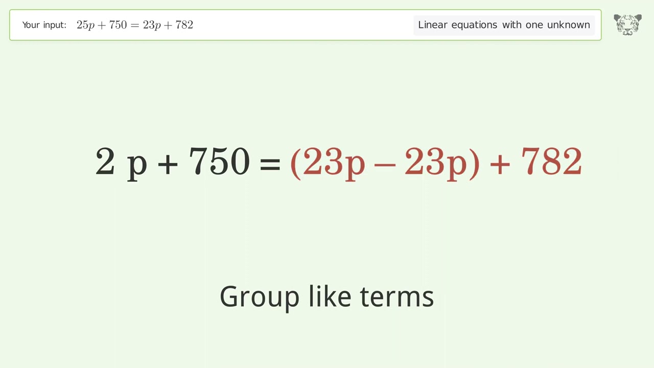 Linear equation with one unknown: Solve 25p+750=23p+782 step-by-step solution