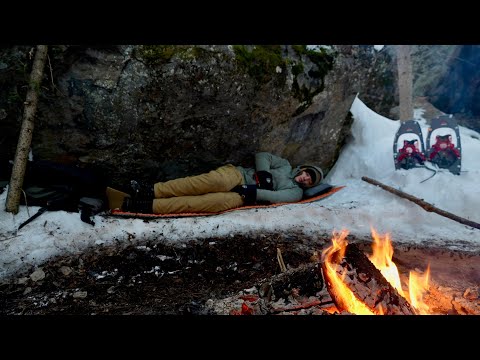 Freezing Winter Camping Alone - Natural Rock Survival Shelter (No Sleeping Bag)