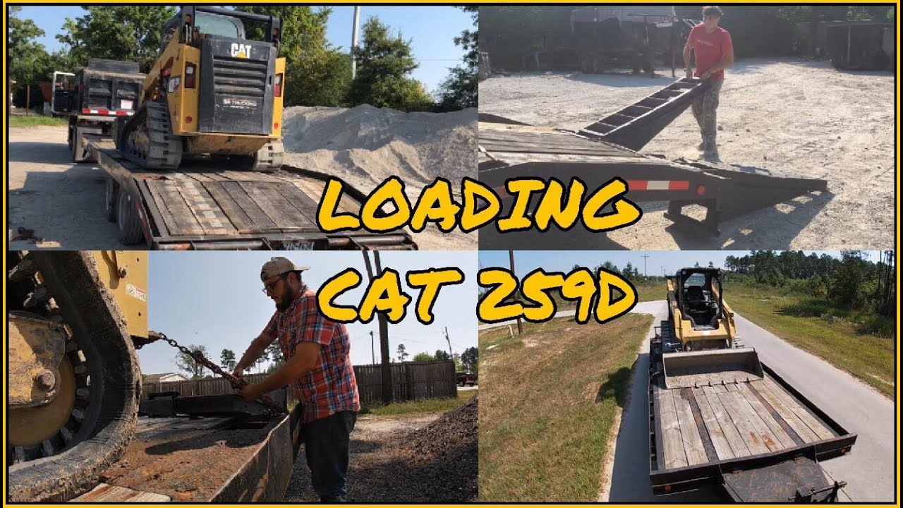 Loading and unloading CAT 259D from low pro pintle hitch trailer