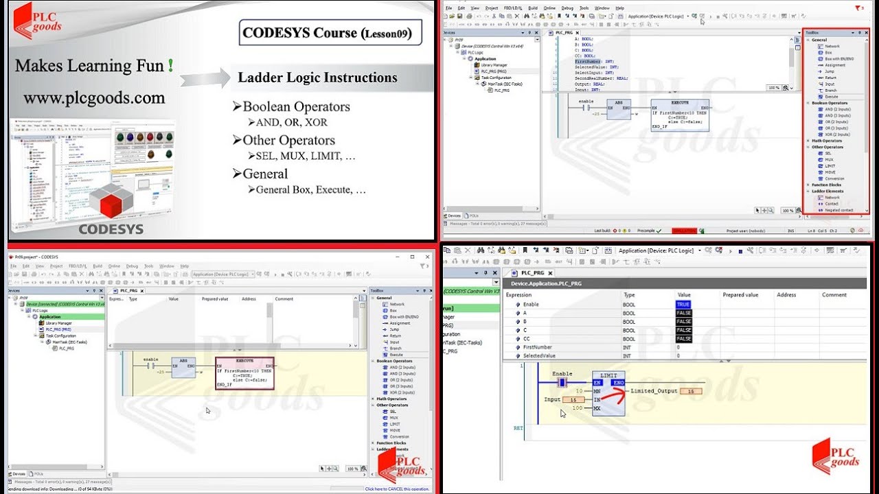 CODESYS tutorial on Ladder Logic Boolean Operators AND, OR, XOR, MUX, LIMIT, General Box & Execute