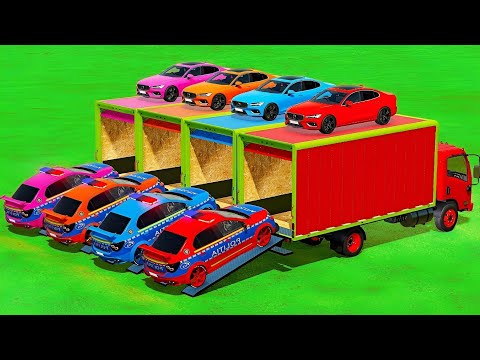 TRANSPORTING COLORFUL POLOCE CAR & VOLVO CARS WITH ISUZU TRUCKS - Farming Simulator 22