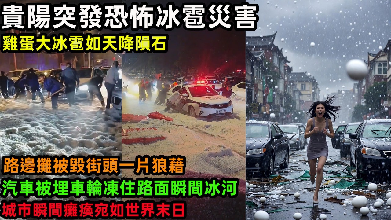 突發！貴陽突發恐怖冰雹災害，雞蛋大冰雹如天降隕石，路邊攤被毀街頭一片狼藉，汽車被埋車輪凍住路面瞬間冰河，城市瞬間癱瘓宛如世界末日