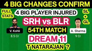 SRH vs BLR Dream 11 Team Prediction | SRH vs BLR Dream 11 Team Analysis Playing11 Pit Rep 54th Match