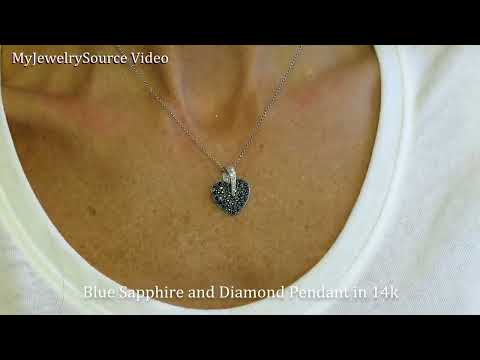 MyJeweleySource Pave natural sapphire diamond heart pendant necklace 14k white gold (item GP-5109)