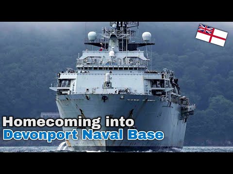 Royal Navy biggest amphibious assault ship homecoming into Devonport Naval Base after 6 year mission