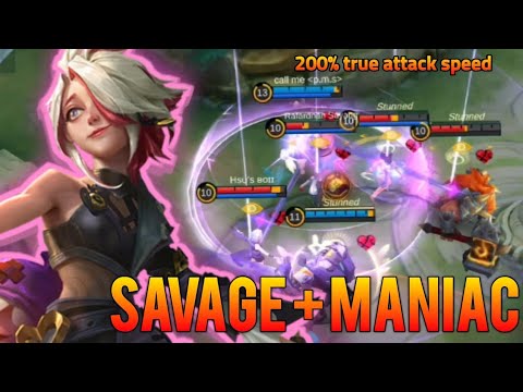 Melissa 200% attack speed + FULL damage.  Savage + Maniac.
